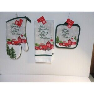 Christmas Holiday Kitchen Towels, Pot Holders, Oven Mitt 4pc Set -Truck & Barn